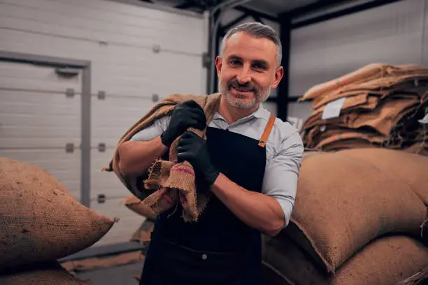 Coffee roaster master wearing apron carrying burlap bags with coffee in artisan roastery shop. Front view.