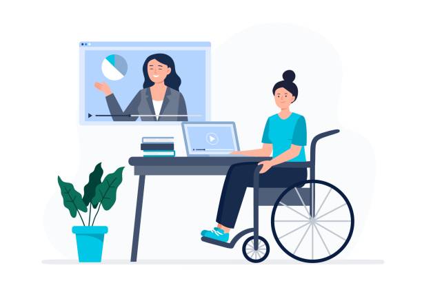 A woman in the wheelchair watches video lessons. Online education, e-learning, studying at home. Vector flat illustration. A woman in the wheelchair watches video lessons. Webinars, conferences, lectures, and training. Online education, e-learning, studying at home. Vector flat illustration. accessibility for persons with disabilities stock illustrations