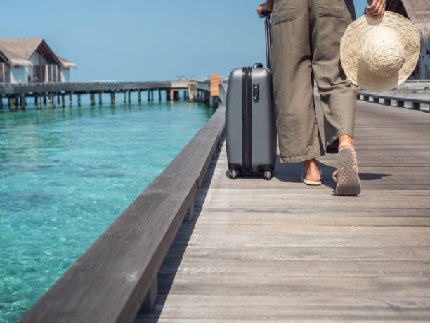 istock Woman pulls trolley on wooden pier in tropical destination 1301249009