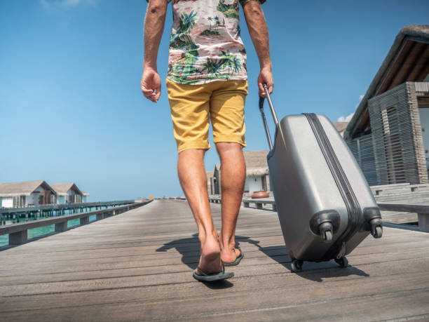 człowiek ciągnie wózek na drewnianym molo w tropikalnym miejscu - travel suitcase hawaiian shirt people traveling zdjęcia i obrazy z banku zdjęć