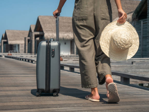 kobieta ciągnie wózek na drewnianym molo w tropikalnym miejscu - travel suitcase hawaiian shirt people traveling zdjęcia i obrazy z banku zdjęć