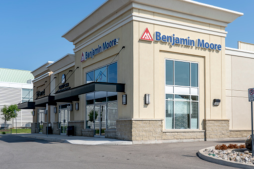 Oakville, Ontario, Canada - July 25, 2019: A Benjamin Moore store in Oakville, Ontario, Canada.  Benjamin Moore is an American company that produces paint.