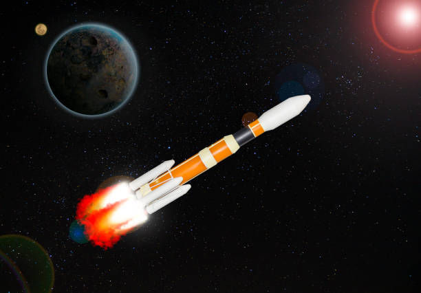istock Orange and white multistage space rocket model flies to exploration universe and planet at high speed in the galaxy. 1301250774