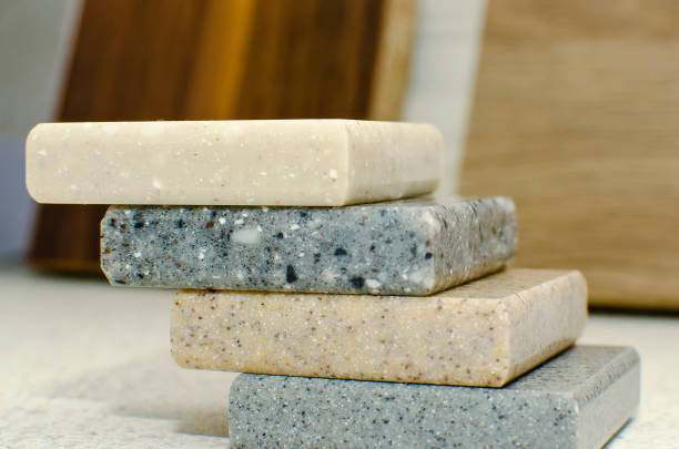 istock Samples of acrylic stone for countertops, close-up. 1301253651