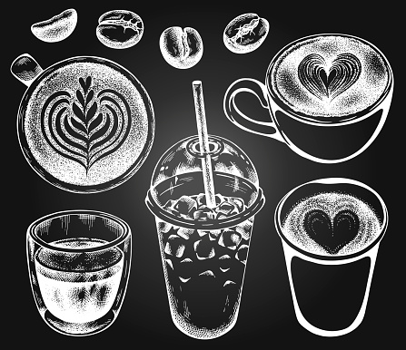 Sketch set of cups with coffee on blackboard, chalkboard. Espresso, cappuccino, latte, iced coffee, coffee beans. Vintage, retro style food background. Vector illustration. Ink drawing drinks.