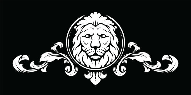 illustrazioni stock, clip art, cartoni animati e icone di tendenza di testa di leone con elementi di design vintage su sfondo scuro. - lion coat of arms shield backgrounds
