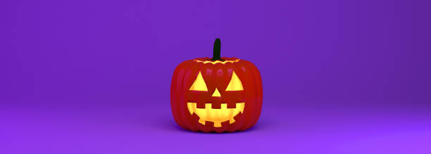 istock Smiling halloween pumpkin banner on purple background. 3d illustration. 1301256370