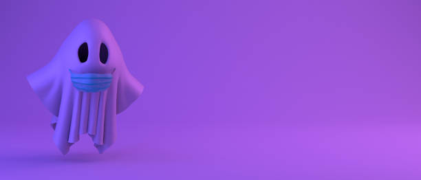 istock Ghost with surgical mask. Safe halloween. Banner. 3d illustration. 1301256391
