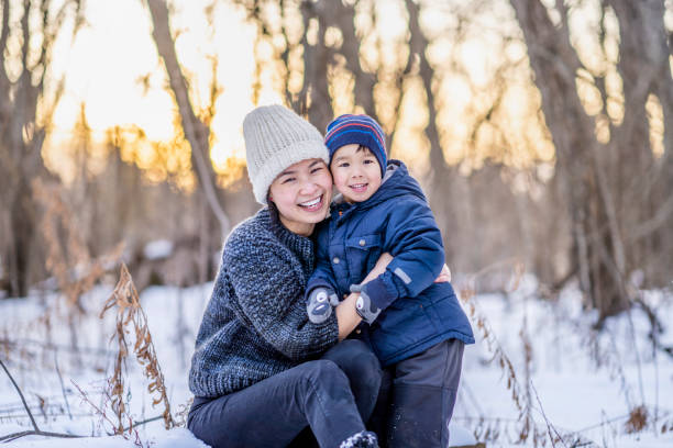 Mother and son enjoying winter