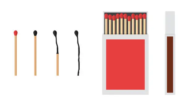 Vector illustration of Set of matches isolated on white background. Burning and burnt matches. Vector illustration