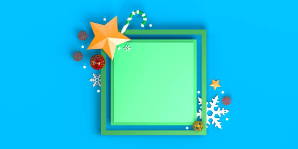 istock Square frame with christmas objects. Stars, candy canes, snowflakes, balls ... Banner with space for text or copy. 3d illustration. 1301256989