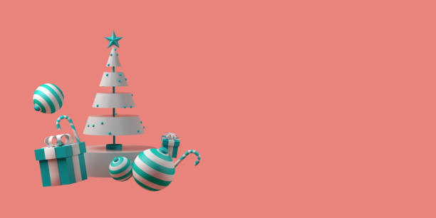 istock Christmas banner with Christmas tree surrounded by balls, stars, candy canes and gift or present boxes. 3d illustration. 1301257580