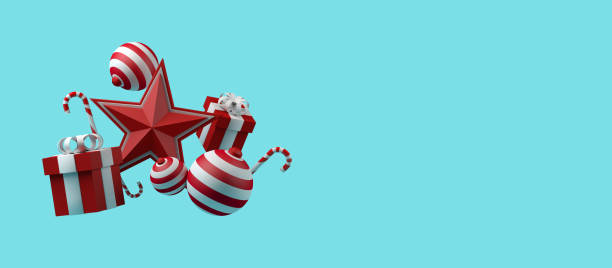 istock Christmas banner with balls, stars, candy canes and gift or present boxes. Christmas blast. 3d illustration. 1301257626