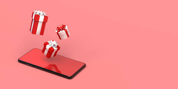 istock Present boxes floating above a smartphone. Christmas banner. Background with copy space for holiday product or promotion. 3d illustration. 1301257658