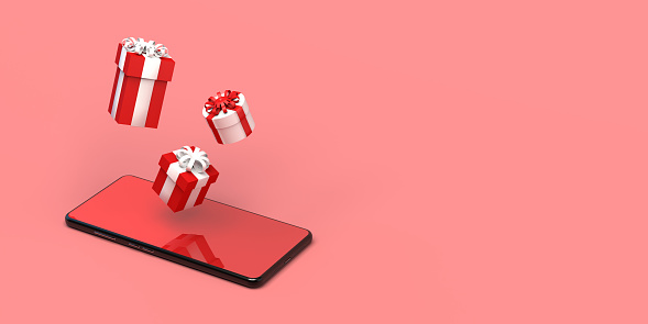 Present boxes floating above a smartphone. Christmas banner. Background with copy space for holiday product or promotion. 3d illustration.
