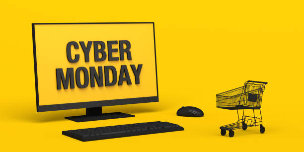 istock Cyber ​​monday banner. Background with computer and online shopping cart. 1301257813
