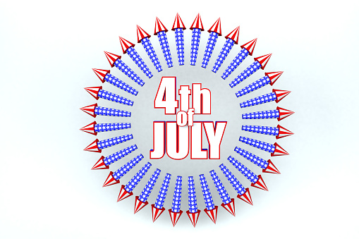3D illustration of the text 4th of July surrounded by fireworks to celebrate Independence Day.