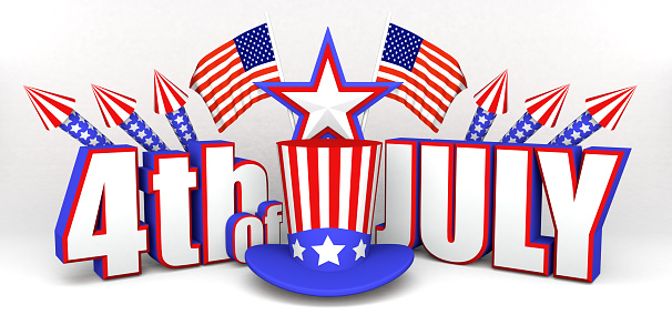 3D illustration of the text 4th of July with American Stars and Stripes hat, USA flags, and fireworks to celebrate Independence Day.