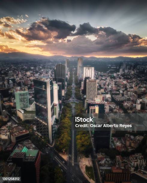Air Shot Of Paseo De La Reforma During Sunset In Mexico City Stock Photo - Download Image Now