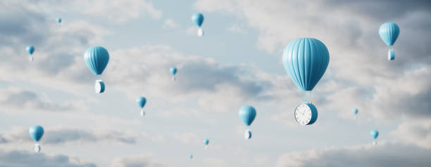 istock Hot air balloon with clock flies in the sky. Time Flies Concept background 3D render 1301259868