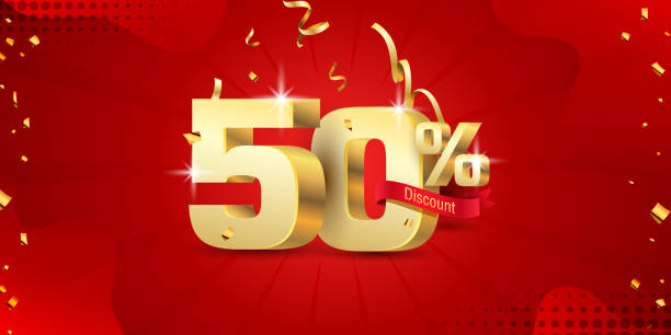 istock 50% 3D discount banner with ribbon and confetti on red abstract background 1301259897