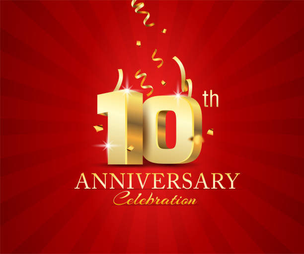 stockillustraties, clipart, cartoons en iconen met 10de banner van de verjaardagsviering met festivalconfetti op rode abstracte achtergrond - 10 jarig jubileum