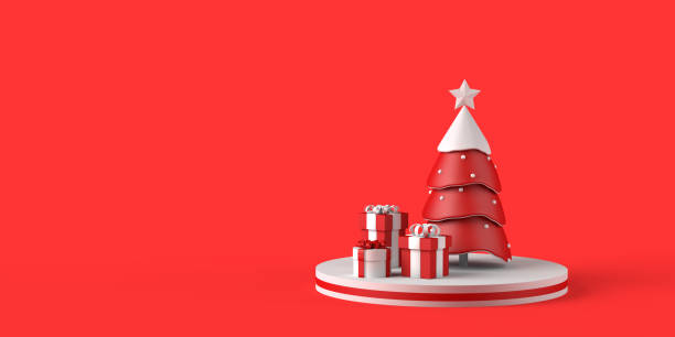 istock Christmas concept. Christmas tree with snow and present boxes on pedestal with space for product copy or holiday promotion. Banner. Background. 3d illustration. 1301260100