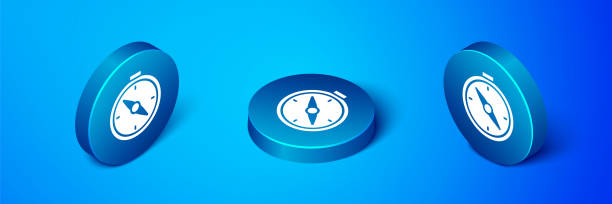 ilustrações de stock, clip art, desenhos animados e ícones de isometric compass icon isolated on blue background. windrose navigation symbol. wind rose sign. blue circle button. vector - compass three dimensional shape wind rose east