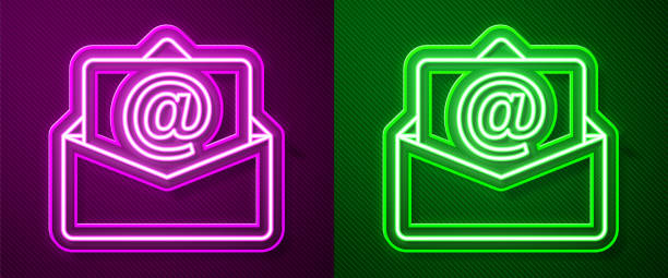 보라색과 녹색 배경에 격리 된 빛나는 네온 라인 메일 및 전자 메일 아이콘. 봉투 기호 전자 메일. 전자 메일 메시지 기호입니다. 벡터 - internet equipment green e mail stock illustrations