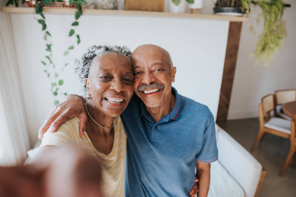 istock Senior couple selfie at home 1301266862