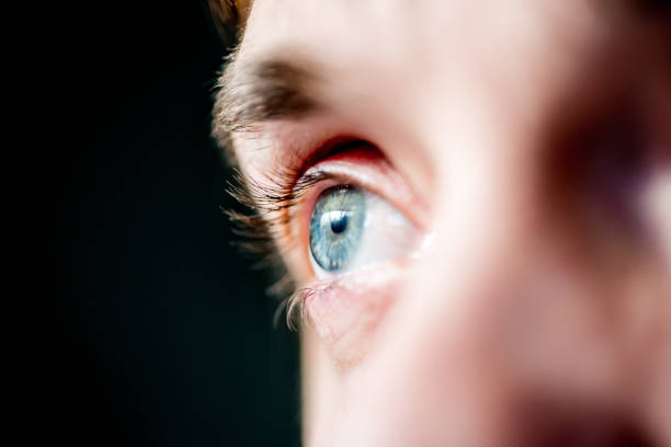 istock light gray-blue eye looks away. Close-up on a black background 1301268261