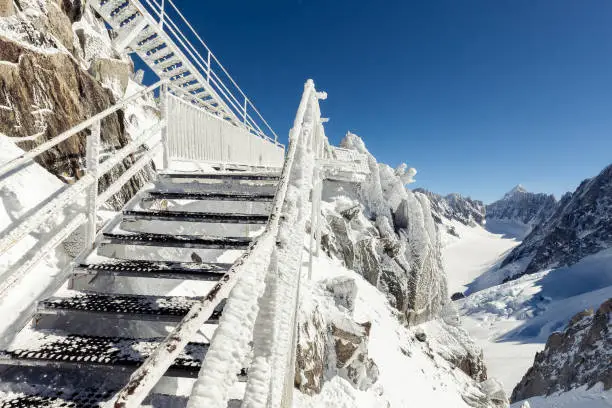 Frozen stairway to the peak of Grands Montets near Chamonix, France