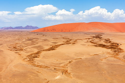 Landscape of Nambia Desert with red sand dunes at Sossusvlei. Namib-Naukluft National Park, Namibia, Africa.