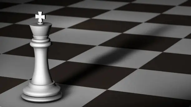 3D illustration: Black and white illustration of a macro view of a white king with long shadow on a chessboard
