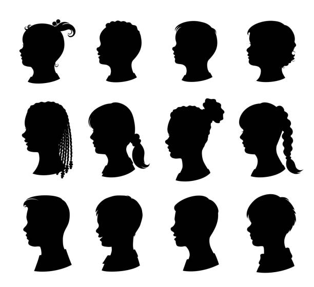 키즈 실루엣 세트. 격리. 벡터 - silhouette women black and white side view stock illustrations