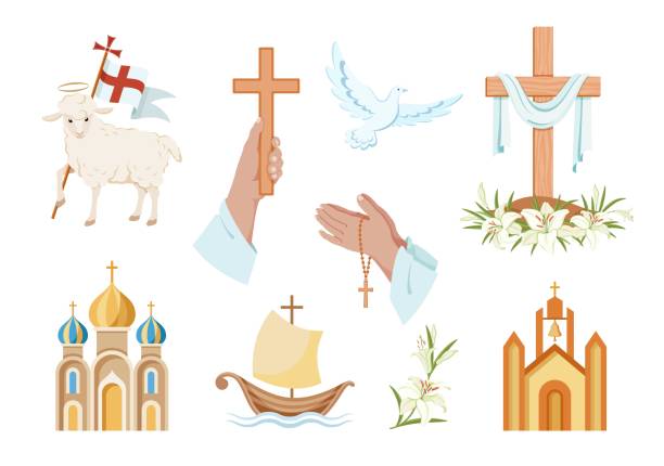 Religious christian signs and symbols. Set of colorful icons Religious christian signs and symbols. Set of colorful icons. Church, hands holding cross, dove with branch, fish and ship. Cross with shroud. Lamb is symbol of Christ's sacrifice. Isolated. Vector pics of a cross easter lilies stock illustrations