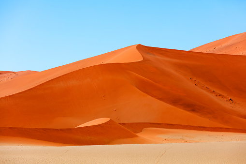 Abstract view of Namibian Desert Sand Dune 40 against blue sky, Sossusvlei, Sesriem, Namib-Naukluft National Park, Namibia, South Africa.