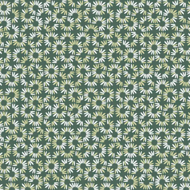 Vector illustration of Abstract seamless vector pattern with white and green daisy petals on green background.