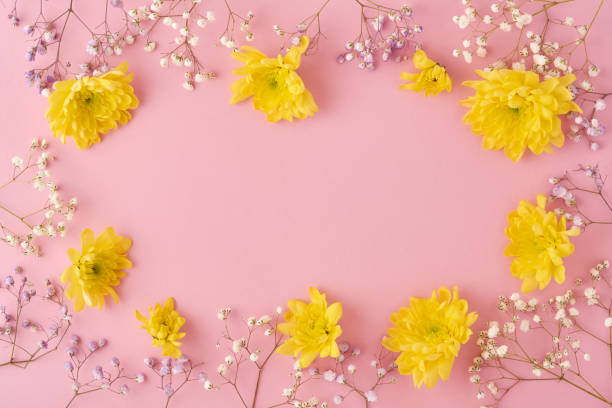 istock Easter concept. Eggs and yellow chrysanthemums flowers on pink background. Mock up. Spring Happy Easter holiday card. Top view 1301272938