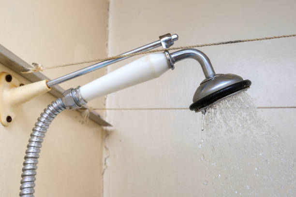 istock Water flowing from an old shower head with ceramic handle with limescale needed to be replaced or decalcified 1301274012