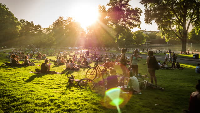 Crowd of people in park at sunset