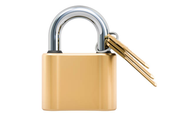 Golden padlock with keys, 3D rendering isolated on white background
