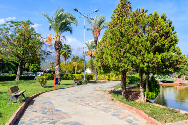 pasarela peatonal y palmeras en el parque kugulu en la ciudad de kemer, turquía - 2781 fotografías e imágenes de stock