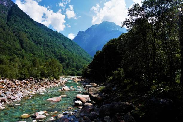río turquesa verzasca fluyendo a través de hermosos paisajes - riverbed switzerland valley stone fotografías e imágenes de stock