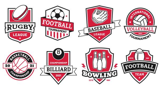 ball-sport-logo. abzeichen für american football, fußball und basketball liga. volleyball und bowling-turnier-symbol auf schild vektor-set - meisterschaft stock-grafiken, -clipart, -cartoons und -symbole