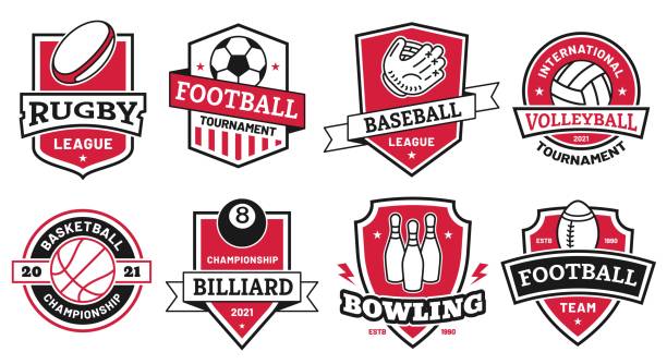 Ball sports logo. Badges for american football, soccer and basketball league. Volleyball and bowling tournament symbol on shield vector set Ball sports logo. Badges for american football, soccer and basketball league. Volleyball and bowling tournament symbol on shield vector set. Illustration logo sport club, baseball badge championships stock illustrations