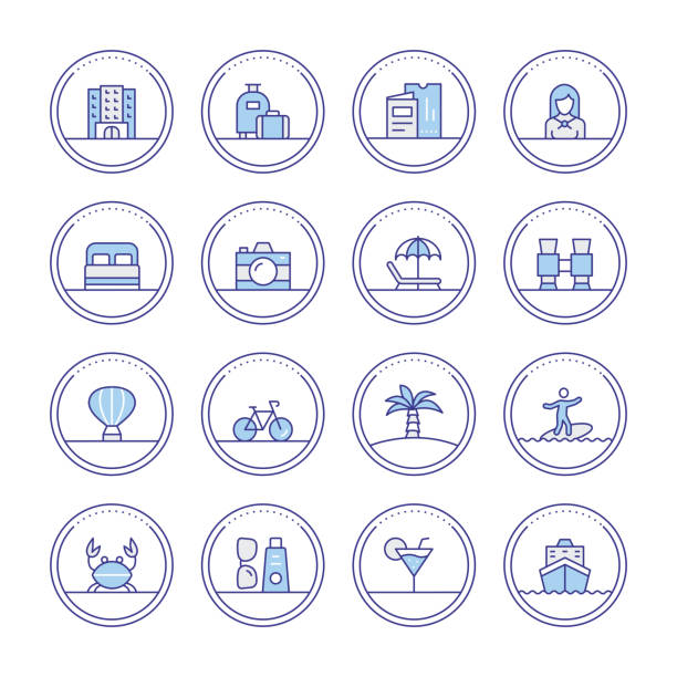 Vacation And Holiday Icons VACATION AND JOURNEY MULTICOLORED LINE ICON COLLECTION cruise ship cruise passport map stock illustrations