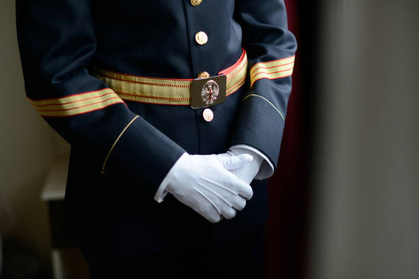 man in medium shot with spanish civil guard dress and gloves - honor guard imagens e fotografias de stock