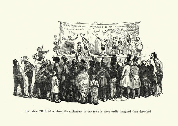 Vintage illustration of Caricature crowd watch a travelling theatre perform, Victorian 1860s. Life in a little provincial town, 19th Century