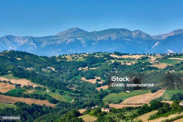 The Hills Of Le Marche With Monti Sibillini In The Background Stock Photo - Download Image Now